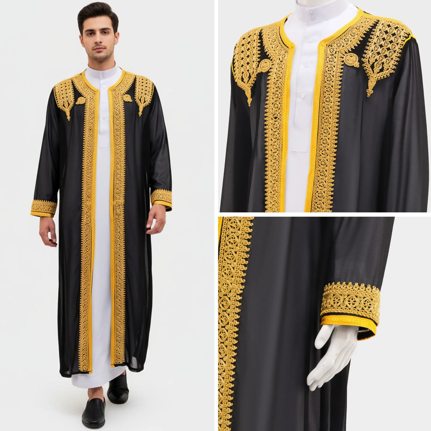 Thobe arabe long brodé or – robe traditionnelle homme style Moyen-Orient