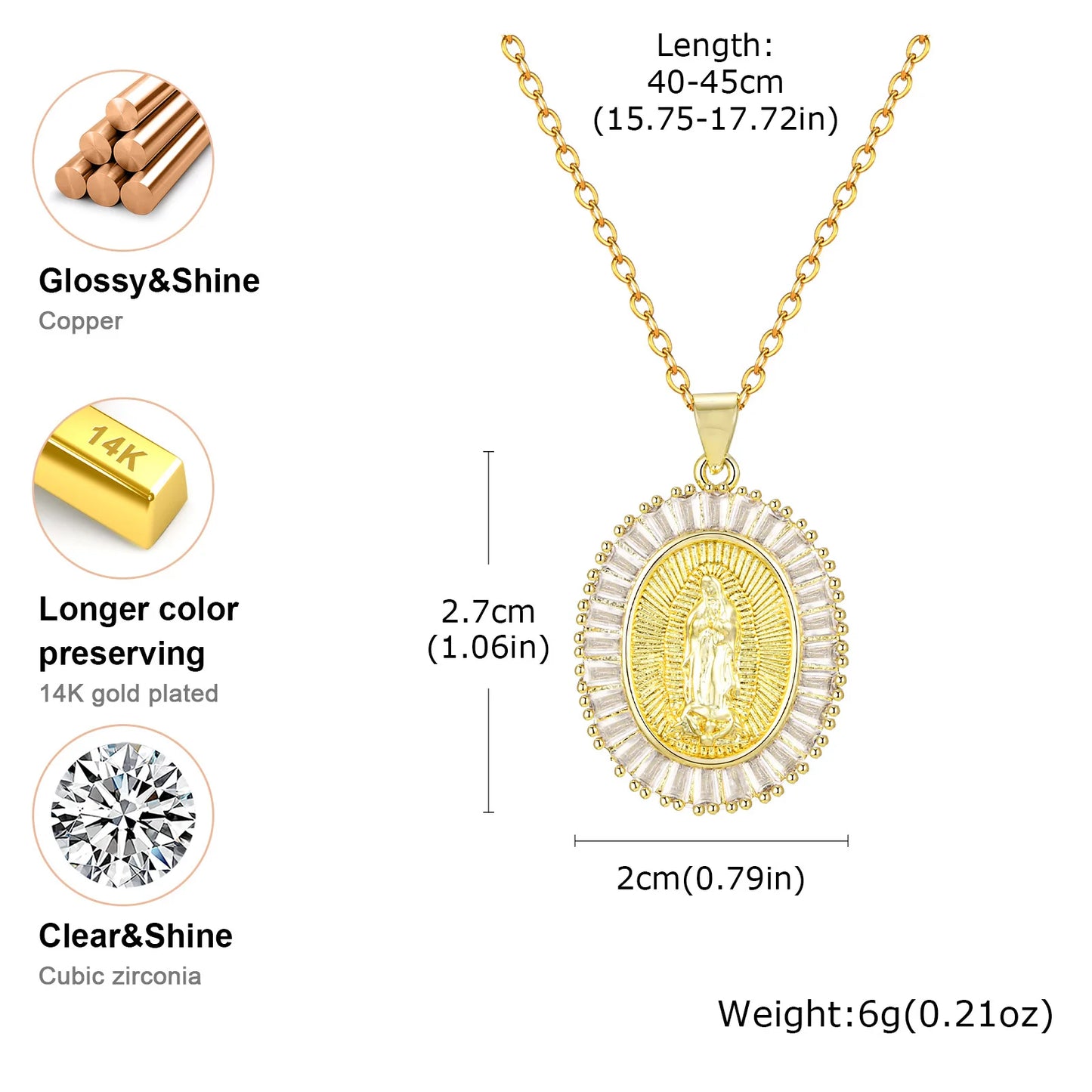 Collier pendentif ovale Vierge Marie en zircon – bijou catholique pour femme