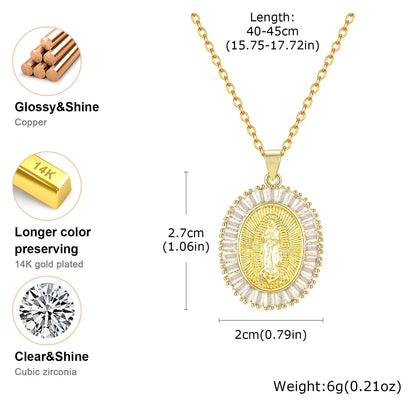 Collier pendentif ovale Vierge Marie en zircon – bijou catholique pour femme