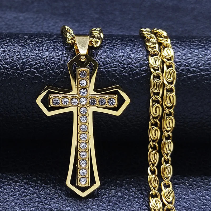 Collier catholique doré avec pendentif croix en cristal – Acier inoxydable, femme et homme