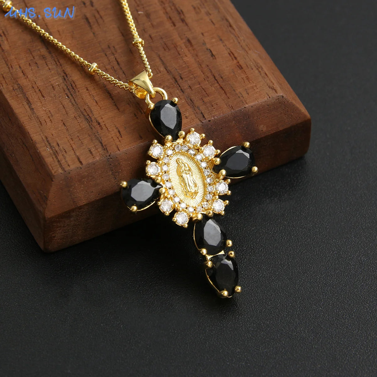Virgin of Guadalupe Cross Necklace with Zircon – Unisex Catholic Jewelry