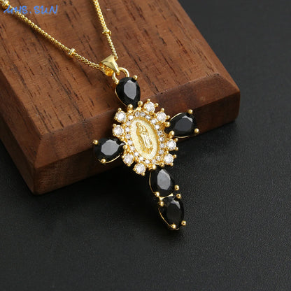 Virgin of Guadalupe Cross Necklace with Zircon – Unisex Catholic Jewelry