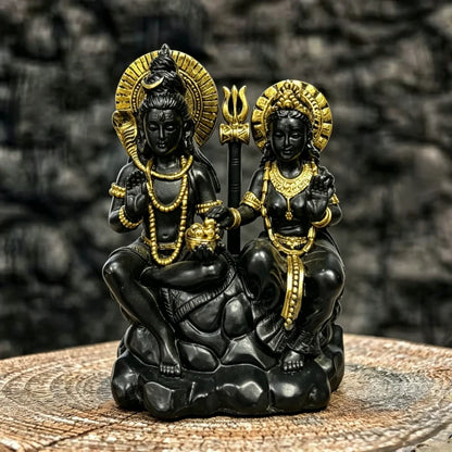 Statue Shiva & Parvati noire et dorée – Décoration hindoue en résine