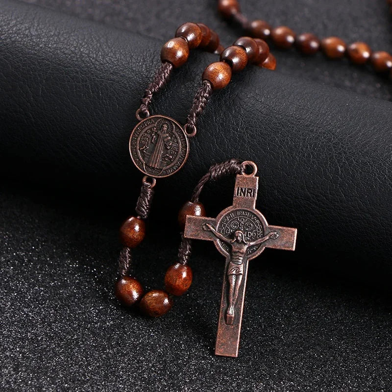 Wooden rosary bead necklace with Jesus cross - Orthodox religious jewelry