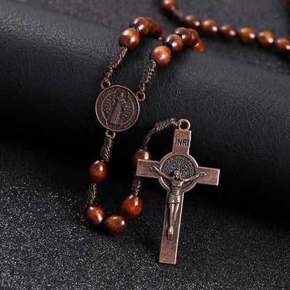 Wooden rosary bead necklace with Jesus cross - Orthodox religious jewelry