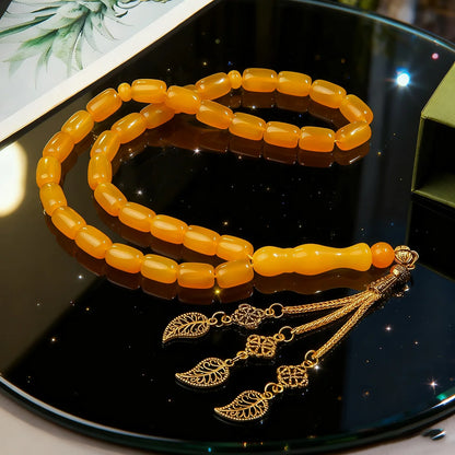 Bracelet de Prière en Agate Jaune avec Pendentif Feuille Ajourée
