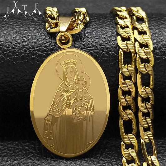 Collier Vierge Marie en acier inoxydable doré – bijou catholique unisexe