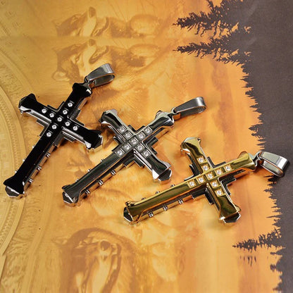 Halskette Kreuz Schwarz Zirkon und Gold aus Edelstahl – Punk-Schmuck für Herren