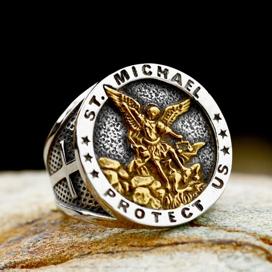 Bague Saint Michel en acier inoxydable 316L – bijou religieux pour homme