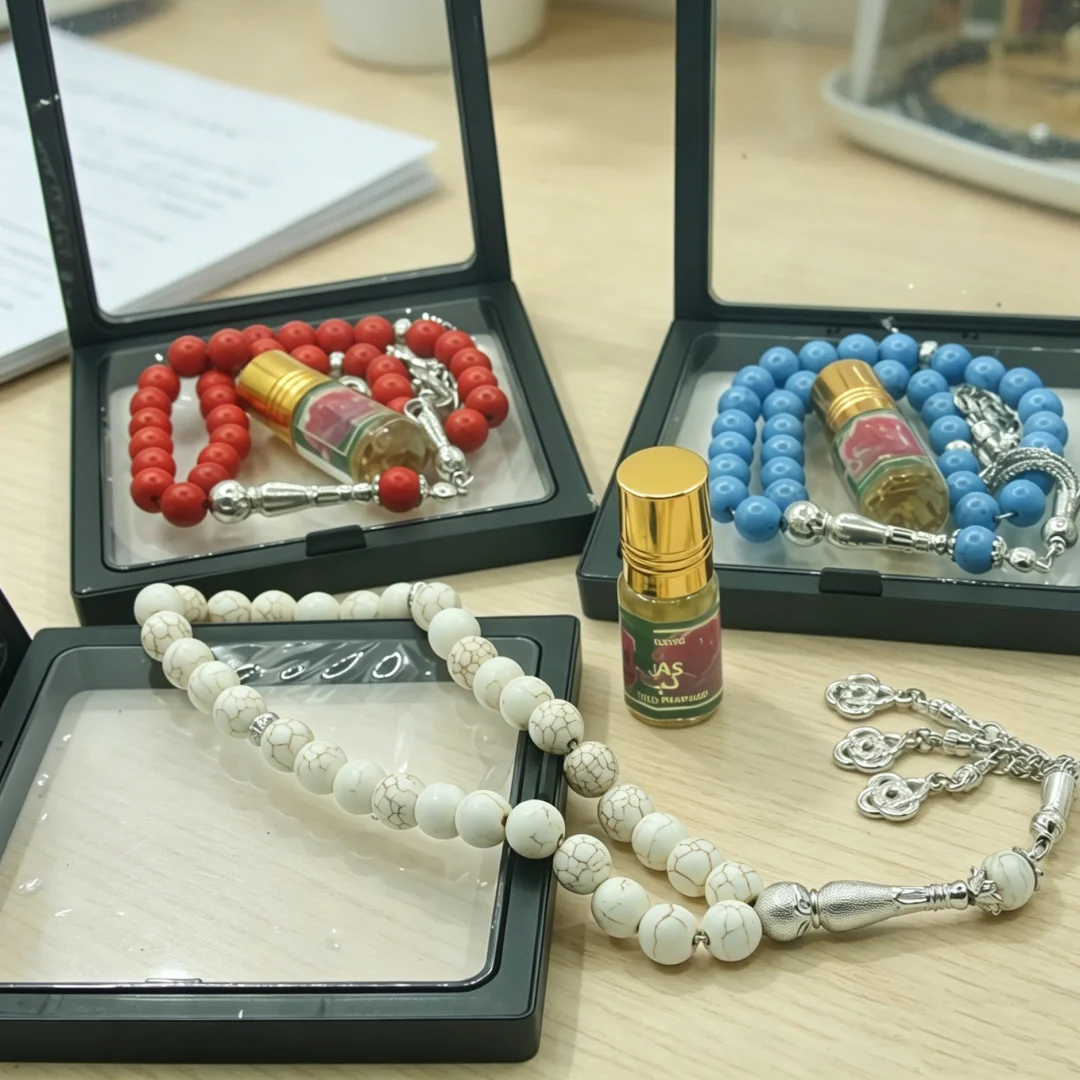 Pack Premium Tasbih Islamique 33 Perles – Coffret de Prière avec Huile Parfumée