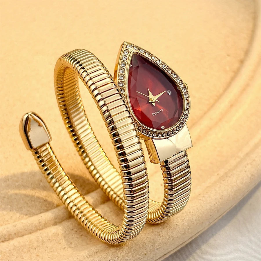 Women's Quartz Water-Drop Watch – Gold or Silver Snake Bracelet