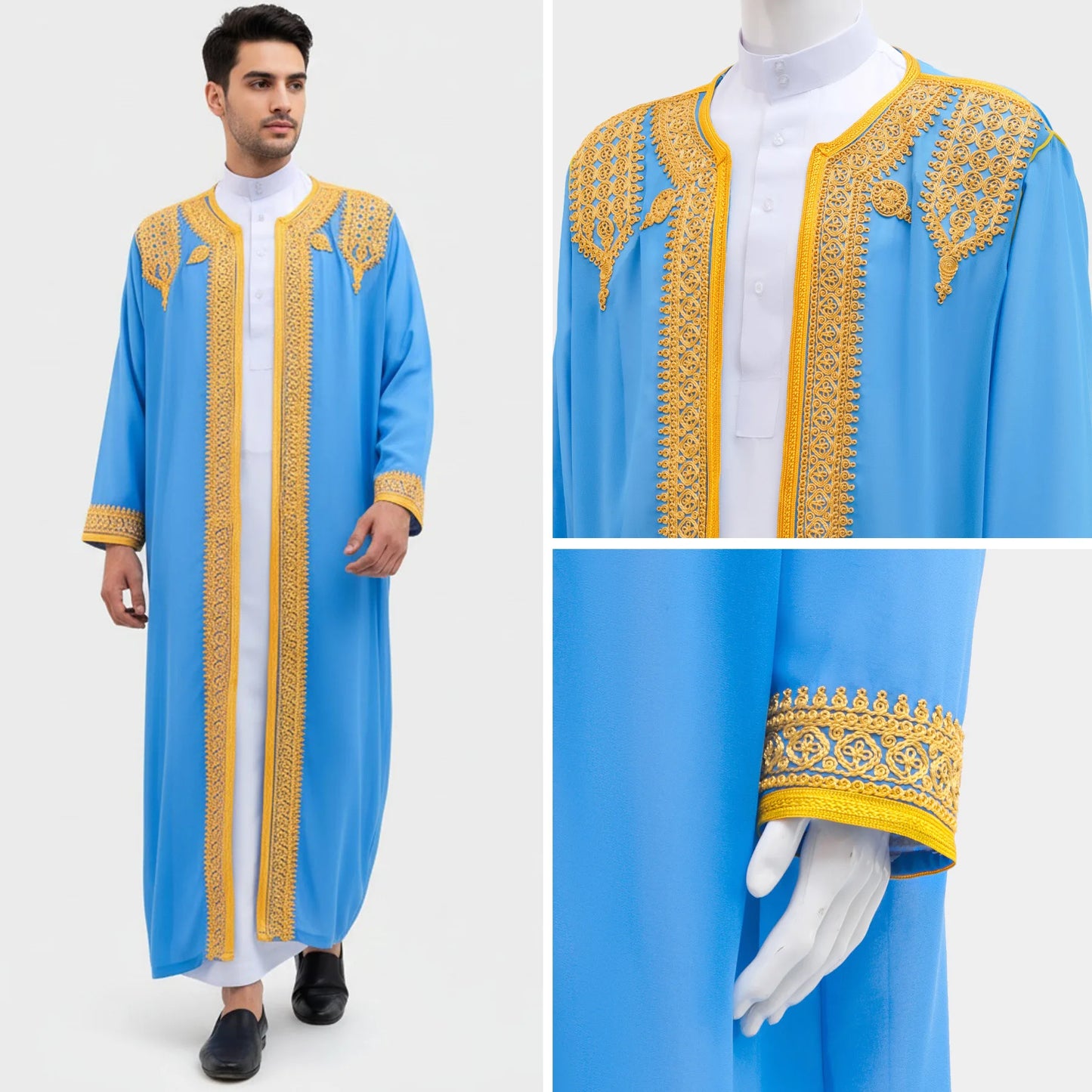 Thobe arabe long brodé or – robe traditionnelle homme style Moyen-Orient