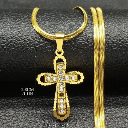 Collier catholique doré avec pendentif croix en cristal – Acier inoxydable, femme et homme