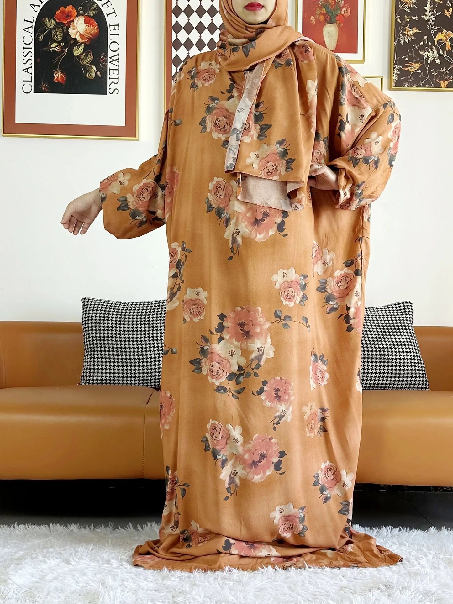 Abaya longue 6XL en coton avec hijab intégré – Robe de prière Ramadan