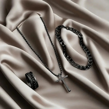 Ensemble Bijoux Croix Noir 3 Pièces – Collier, Bracelet & Bague
