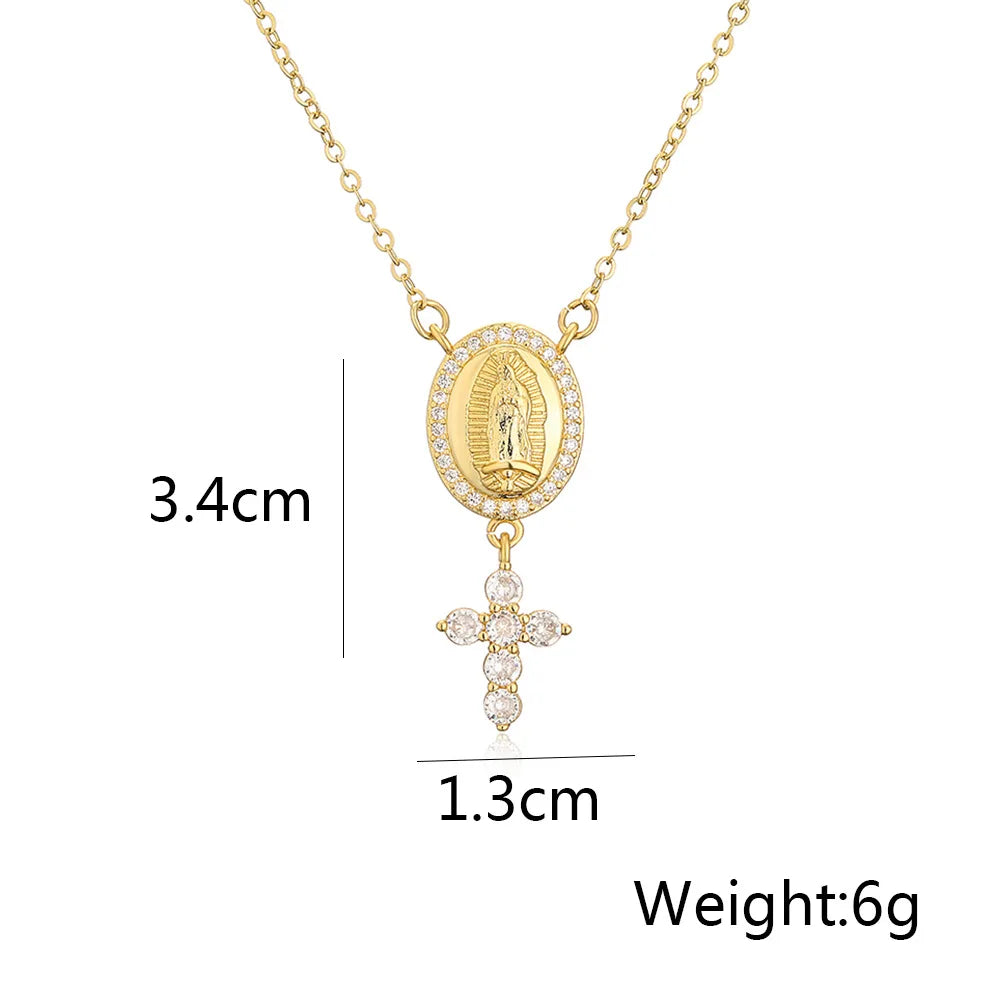 NEWBUY Hochwertiger Damenschmuck religiöser Art aus Kupfer mit Zirkonia-Einlage, Jungfrau-Maria-Anhänger, Edelstahlhalskette