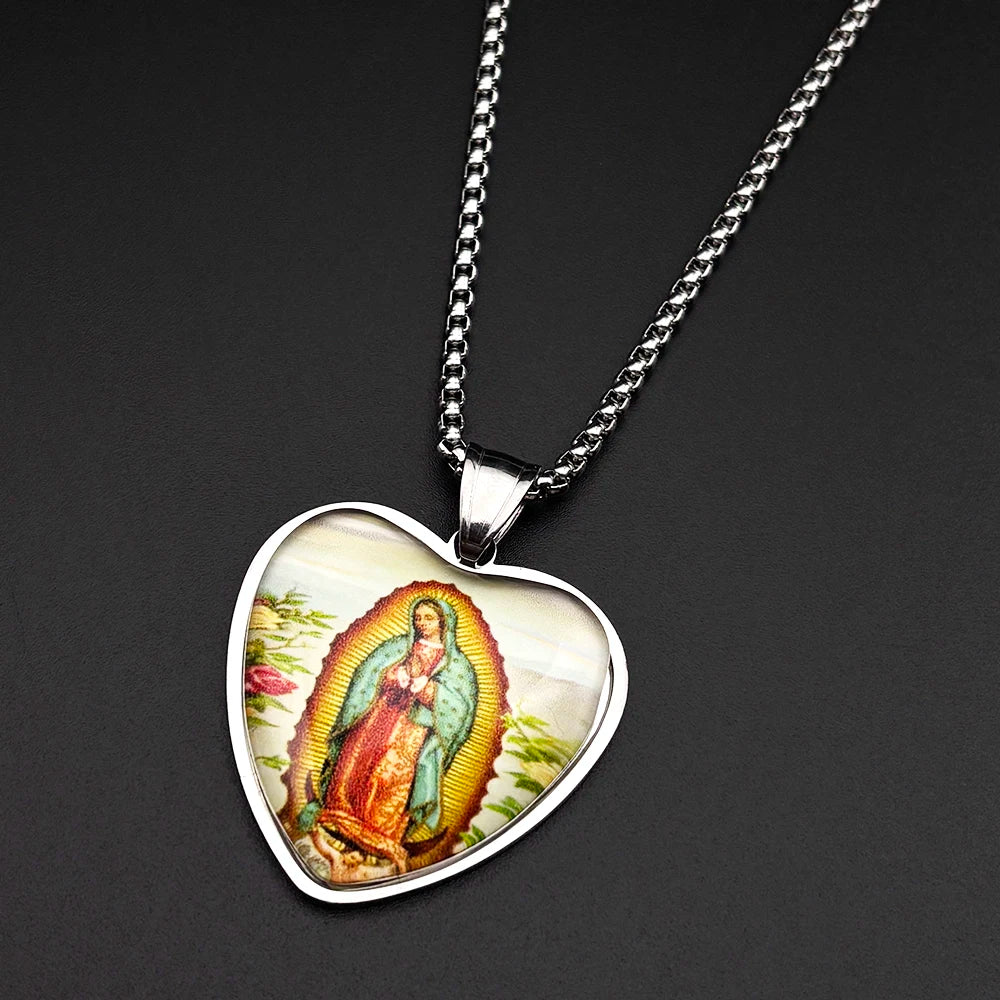 Collana Vergine di Guadalupe Cuore in Vetro – Acciaio Inossidabile 60 cm