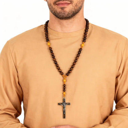 Collier chapelet catholique homme VNOX – Perles de bois marron et croix crucifix