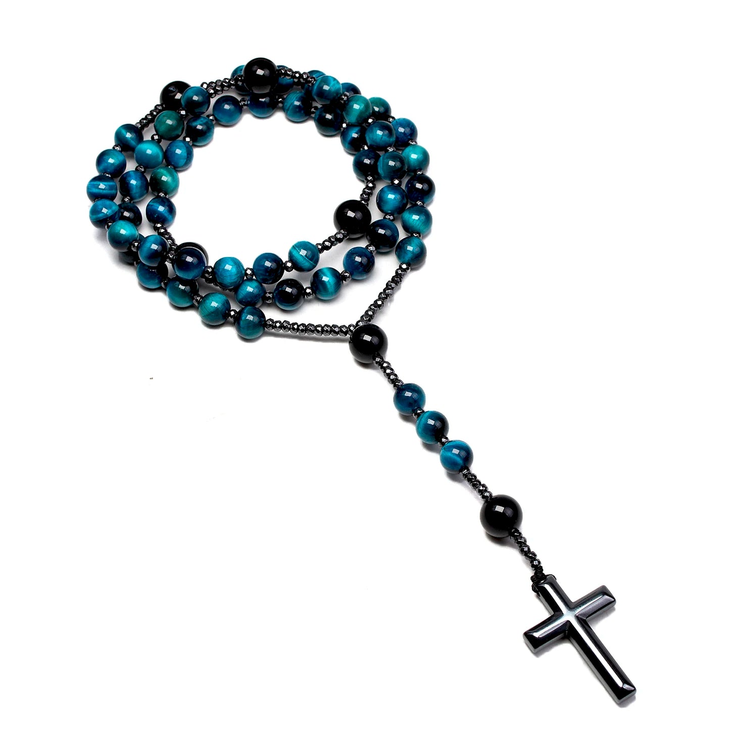 Collier chapelet catholique en œil-de-tigre bleu, onyx et croix en hématite – modèle homme
