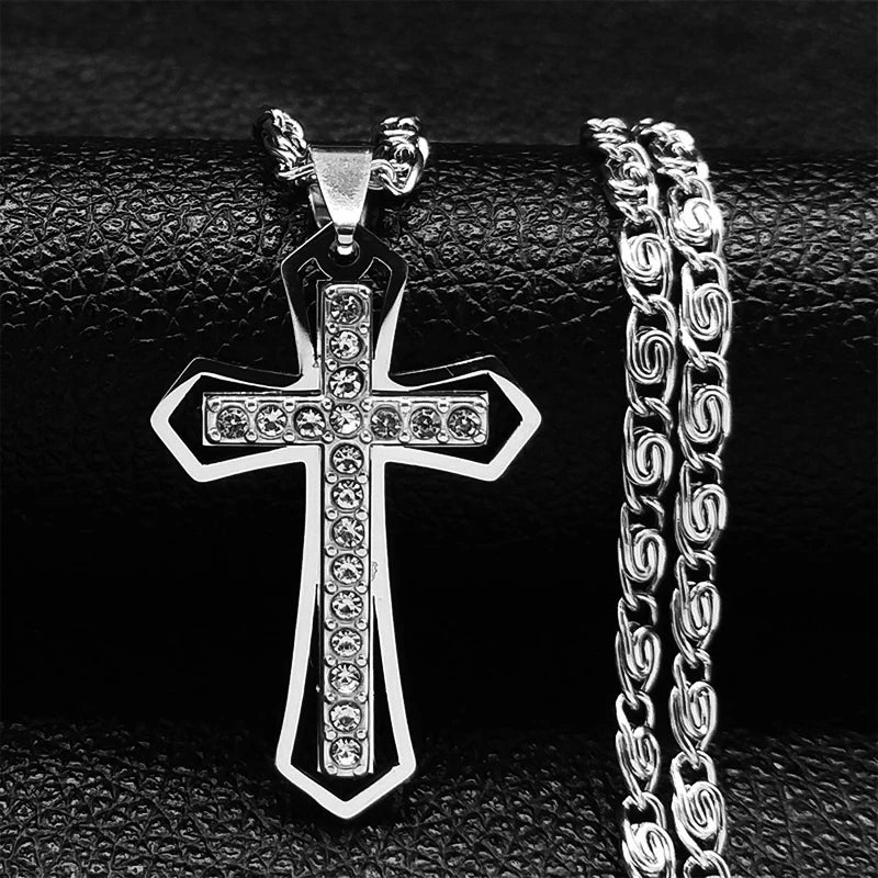 Collier catholique doré avec pendentif croix en cristal – Acier inoxydable, femme et homme