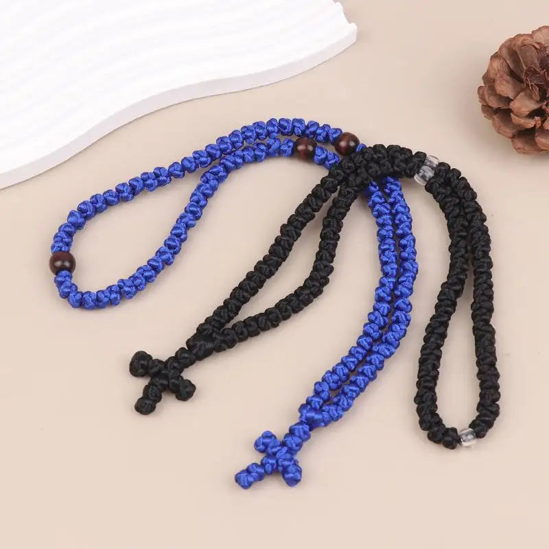 Collier Komboskini Orthodoxe Noir/Bleu – Corde de Prière Artisanale avec Croix