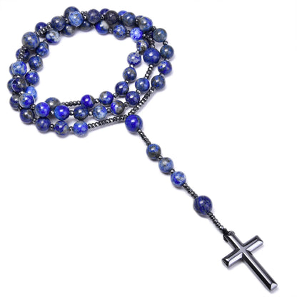 Collier Rosaire Catholique en Lapis-Lazuli Naturel avec Croix en Hématite