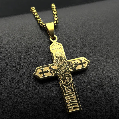 Collier icône Vierge Marie et Enfant Jésus avec croix – bijou catholique unisexe