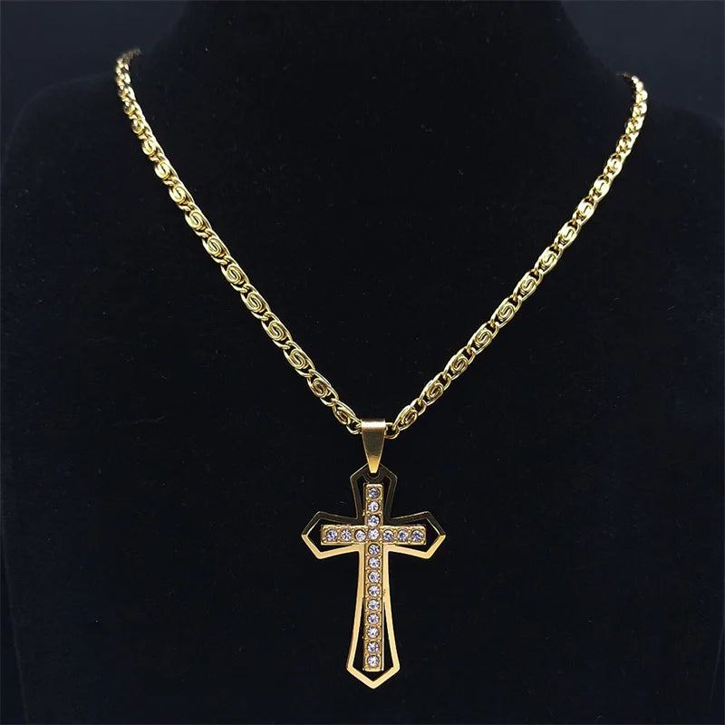 Collier catholique doré avec pendentif croix en cristal – Acier inoxydable, femme et homme