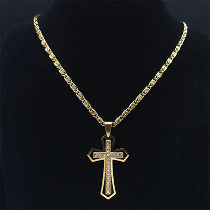Collier catholique doré avec pendentif croix en cristal – Acier inoxydable, femme et homme