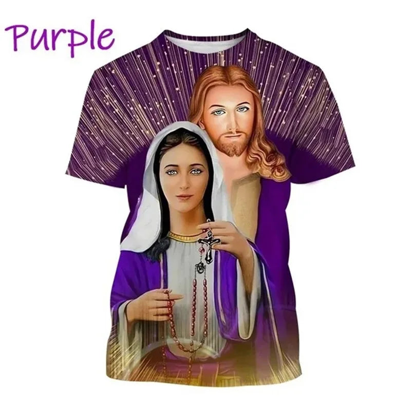 T-Shirt Vierge Marie & Jésus – Impression 3D, Unisexe, Oversize