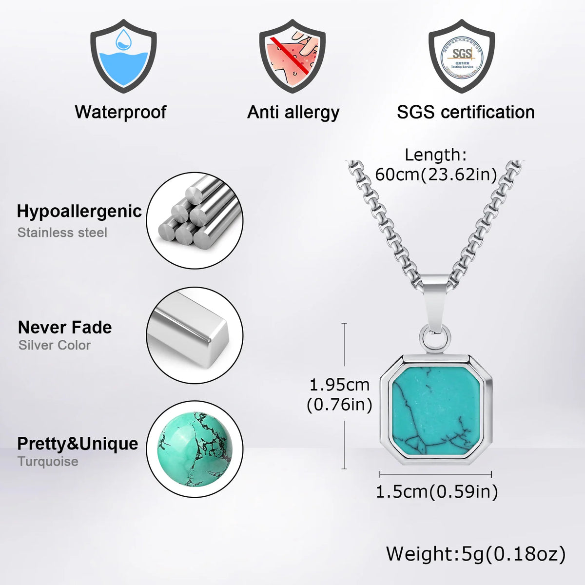 Collier Pendentif Pierre Turquoise & Boussole – Acier Inoxydable Homme