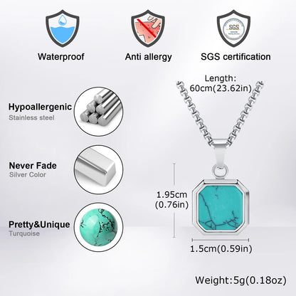Collier Pendentif Pierre Turquoise & Boussole – Acier Inoxydable Homme
