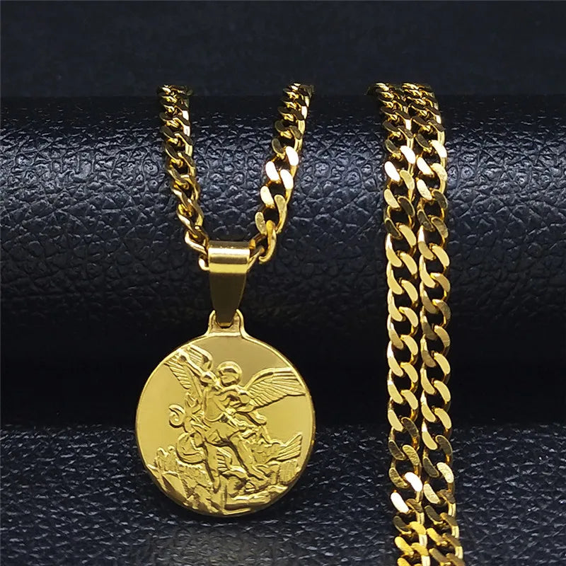 Collier Archange Saint Michel Doré – Pendentif Spirituel de Protection en Acier Inoxydable pour Homme et Femme
