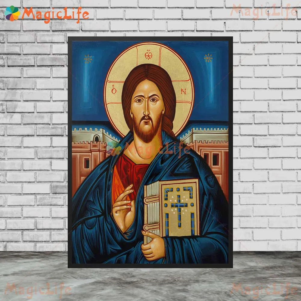 Icône religieuse du Christ Pantocrator – Tableau orthodoxe sur toile sans cadre pour église et décoration murale
