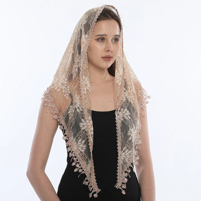 Voile mantille catholique femme en dentelle brodée – châle de prière, église et mariage