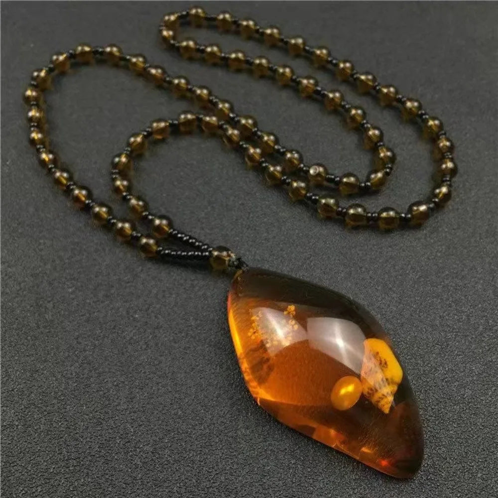Collier Bohème Femme en Perles Ambre Résine – Style Ethnique Élégant, Chaîne Pull Tendance
