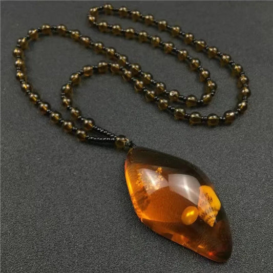 Collier Bohème Femme en Perles Ambre Résine – Style Ethnique Élégant, Chaîne Pull Tendance