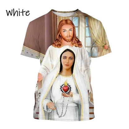 T-Shirt Vierge Marie & Jésus – Impression 3D, Unisexe, Oversize