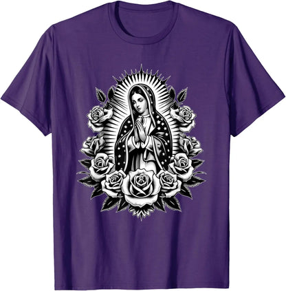 T-shirt Vierge de Guadalupe et roses – imprimé catholique floral pour homme