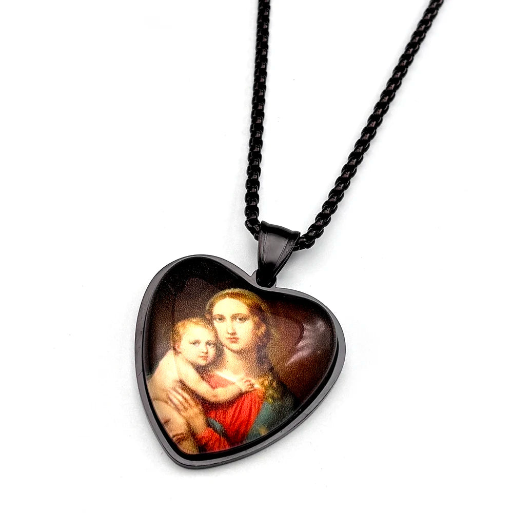 Kette Jungfrau Maria & Jesuskind – Herzmedaille, 60 cm Edelstahlkette