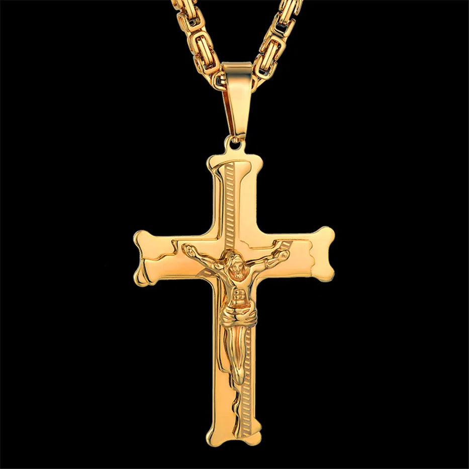 Collar largo bizantino con cruz en acero inoxidable – joya cristiana para hombre