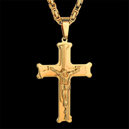 Collar largo bizantino con cruz en acero inoxidable – joya cristiana para hombre