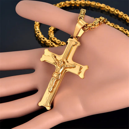Collar largo bizantino con cruz en acero inoxidable – joya cristiana para hombre