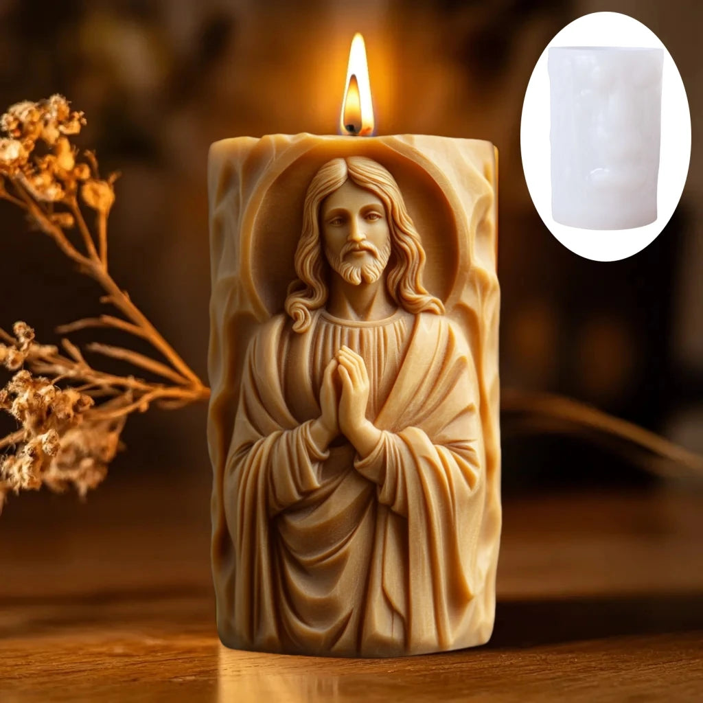 Prayer Jesus Relief Cylinder Moule Bougie Jésus en Silicone – Relief Chrétien – Moule Cylindre Prière pour Cire, Résine & PlâtreCandle Silicone Mold Flower Jesus Statue Relief Resin Mould Jesus Sculpture Concrete Gypsum Molds