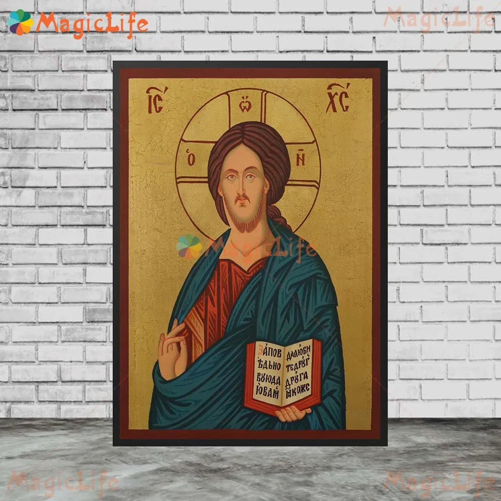 Icône religieuse du Christ Pantocrator – Tableau orthodoxe sur toile sans cadre pour église et décoration murale