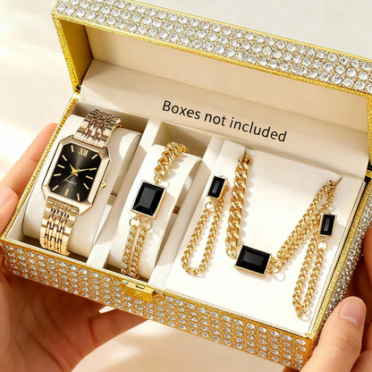Coffret Montre Femme Rectangulaire 5 Pièces – Montre Quartz & Bijoux