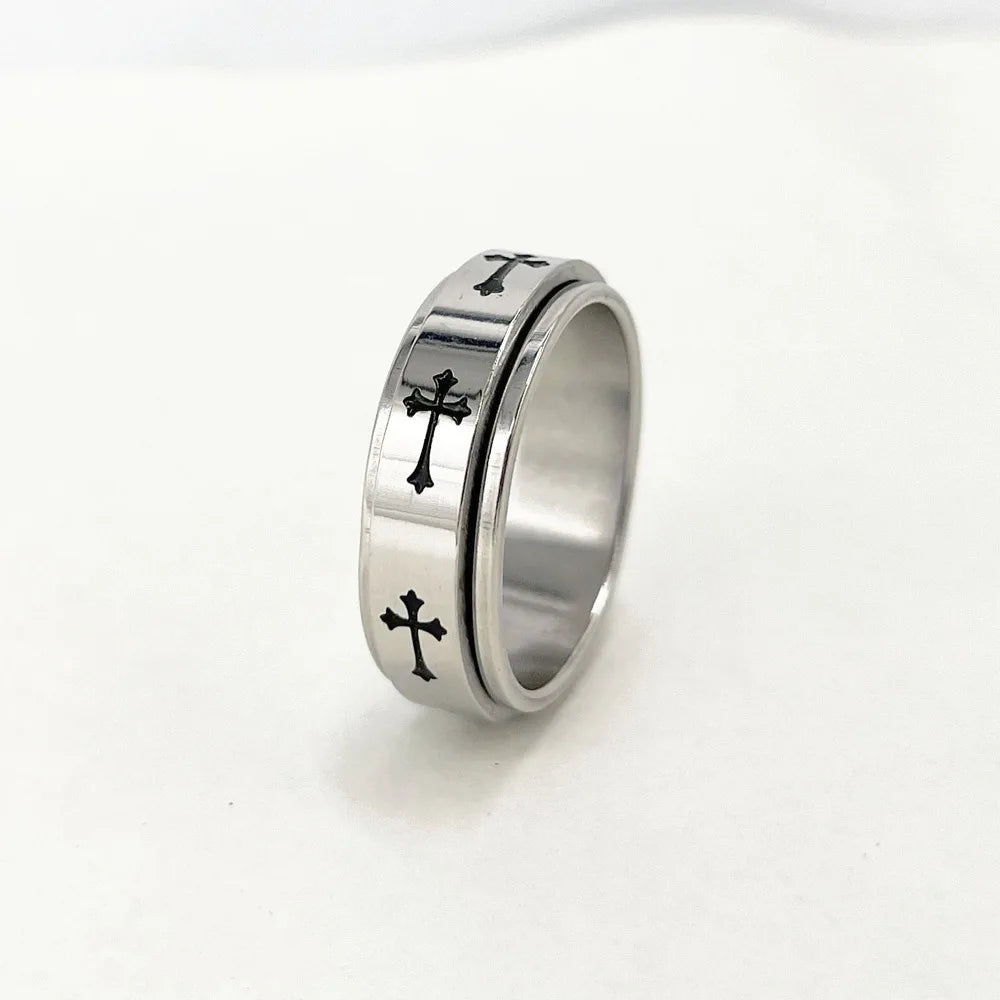 Bague croix rotative en acier inoxydable – bijou chrétien unisexe