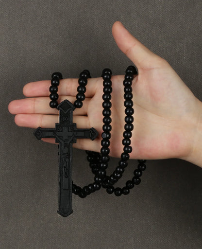 Collier Chapelet Catholique en Bois – Croix Jésus-Christ, Bijou de Prière Religieux Fait Main