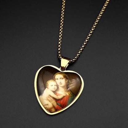 Kette Jungfrau Maria & Jesuskind – Herzmedaille, 60 cm Edelstahlkette