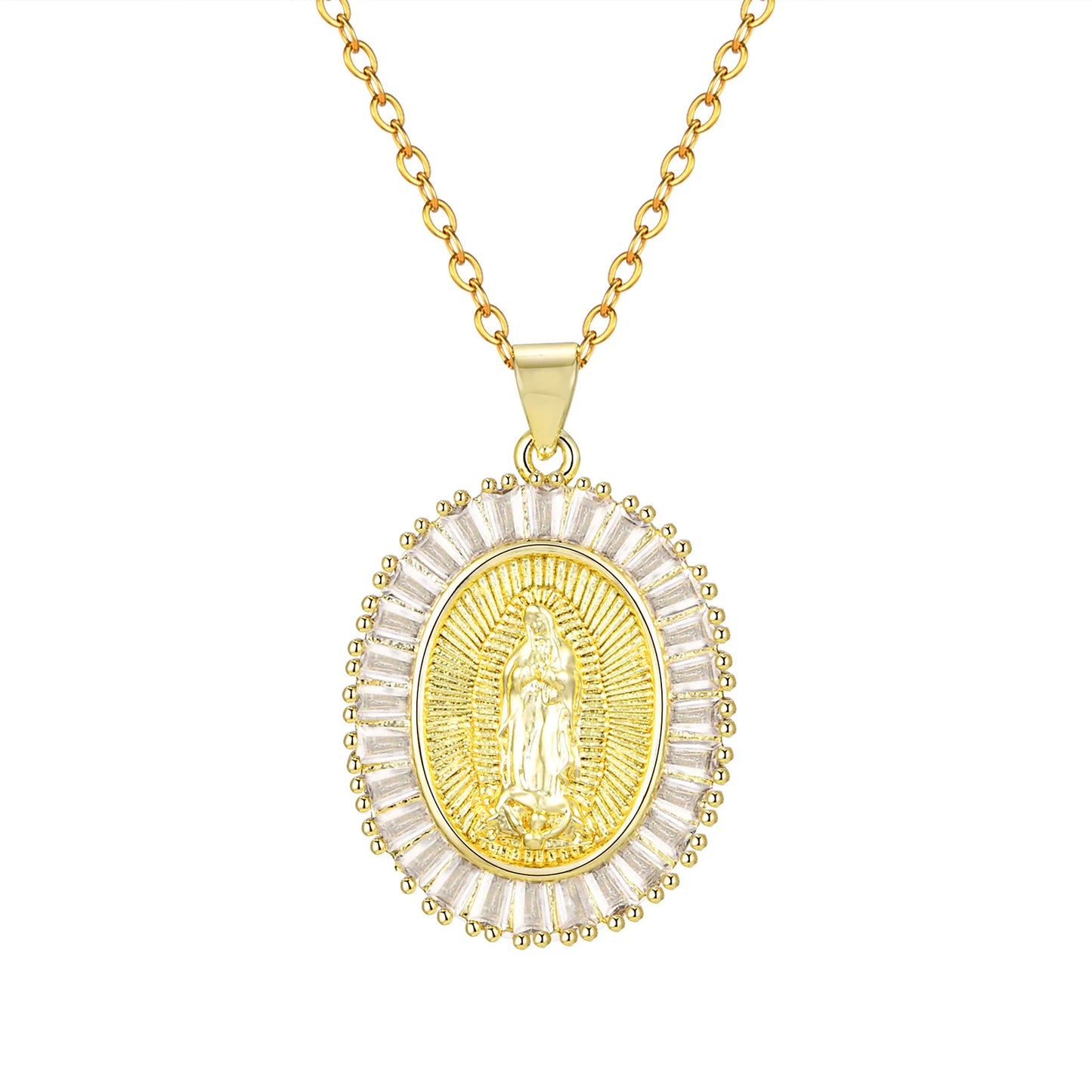 Collier pendentif ovale Vierge Marie en zircon – bijou catholique pour femme